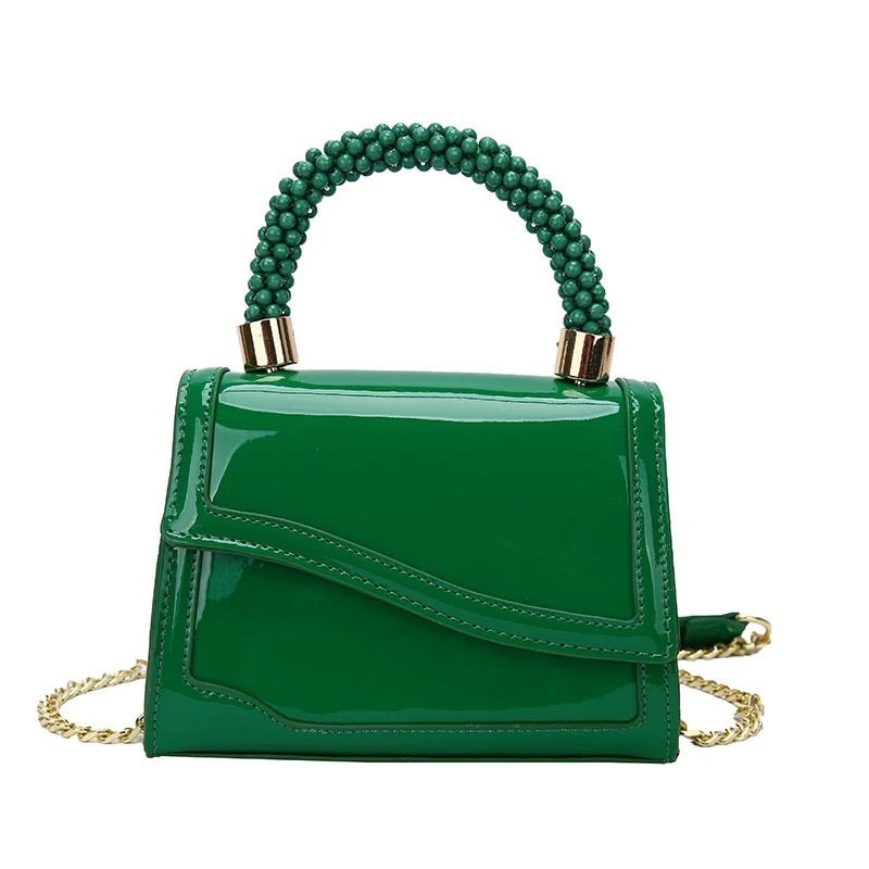 Green Bright Leather Handbag with Crossbody Chain