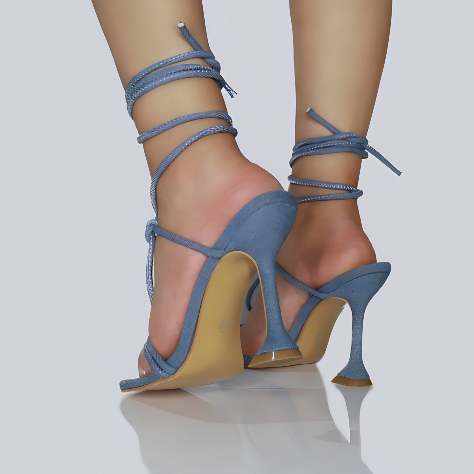 TASHA Blue Denim Knot Strappy Lace Up Square Toe High Heel