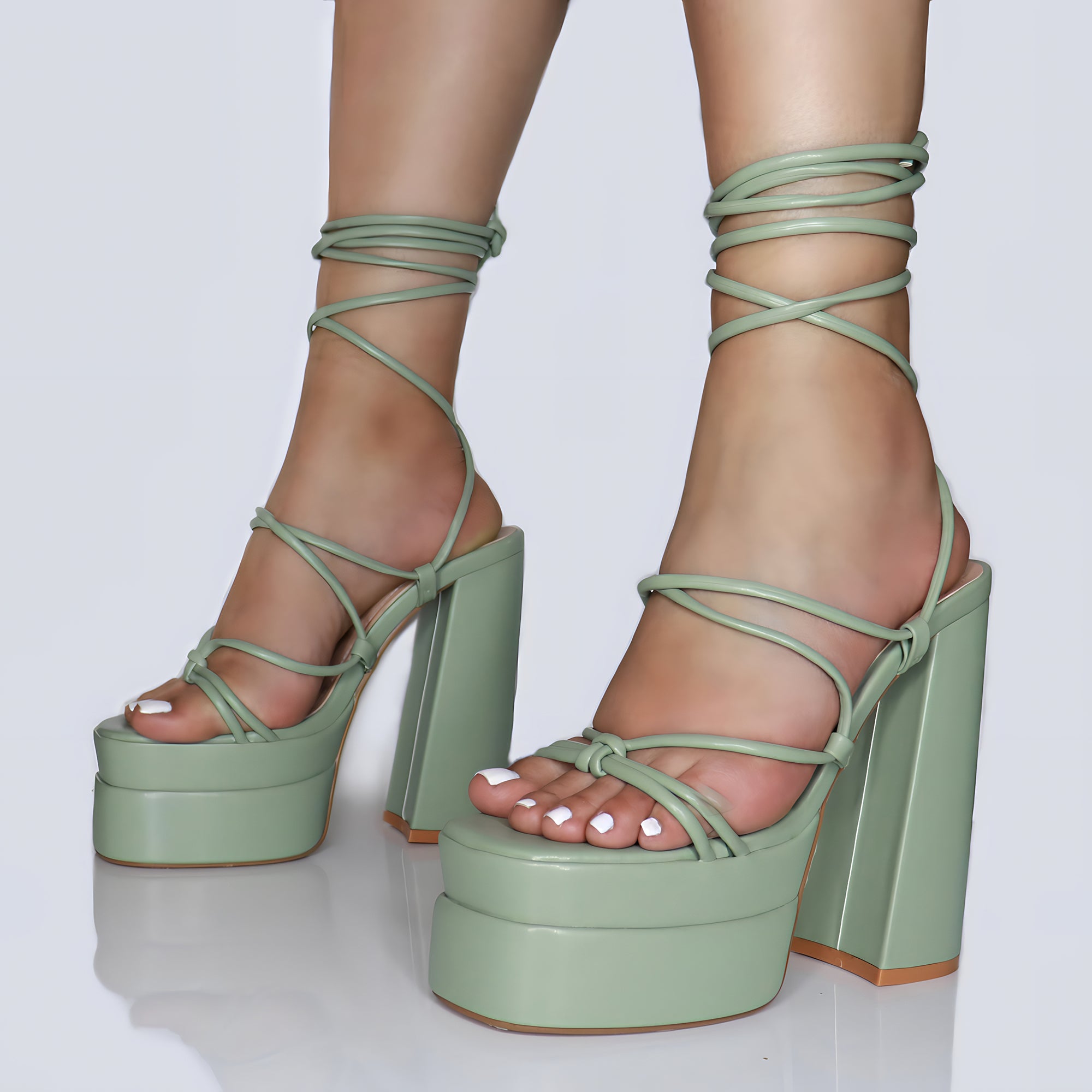 STELLA Sage Green Lace Up Platform Heels