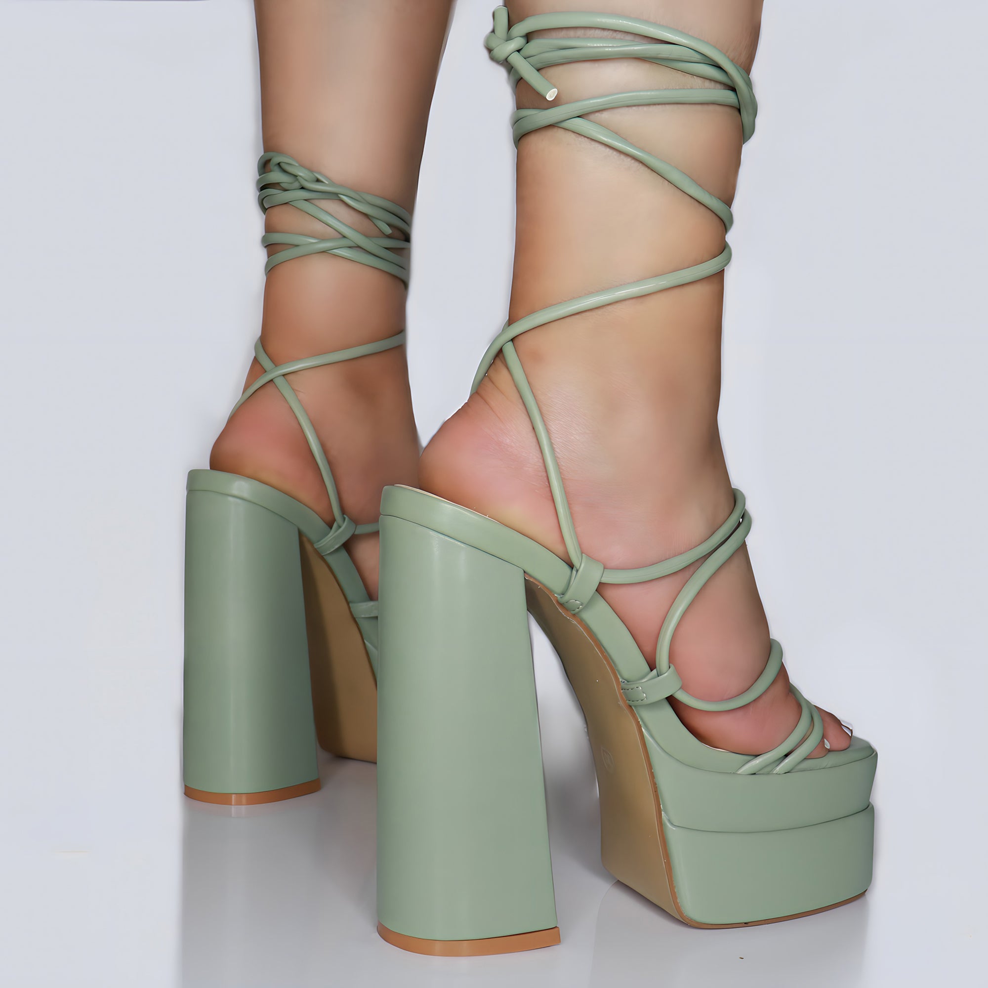 STELLA Sage Green Lace Up Platform Heels
